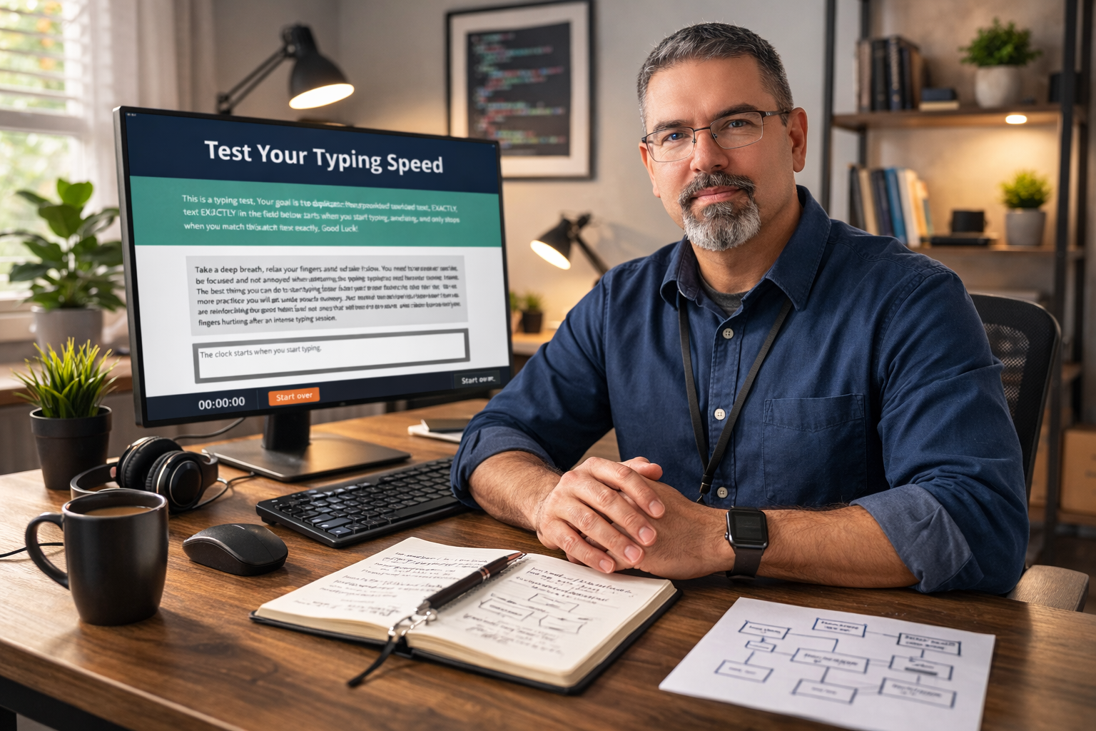 Professional portrait of Frank Jamison seated at a wooden desk in a modern home office, with his Typing Speed Test web application displayed on a widescreen monitor, keyboard and notebook in the foreground, and warm ambient lighting highlighting a focused software development workspace.