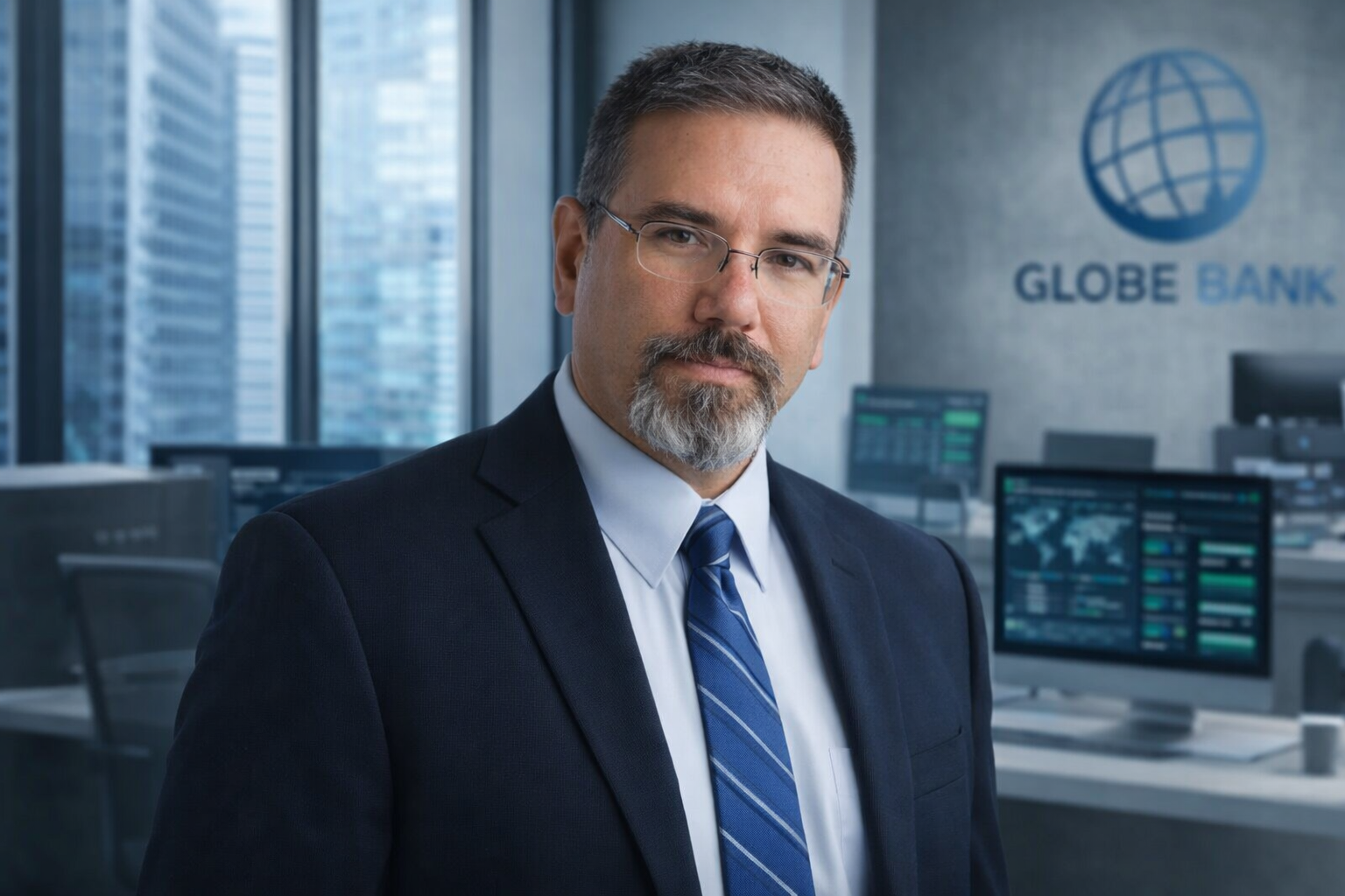 Frank Jamison wearing a navy suit and blue tie, standing upright in a modern banking office with financial dashboards displayed on monitors and the Globe Bank logo visible in the background.