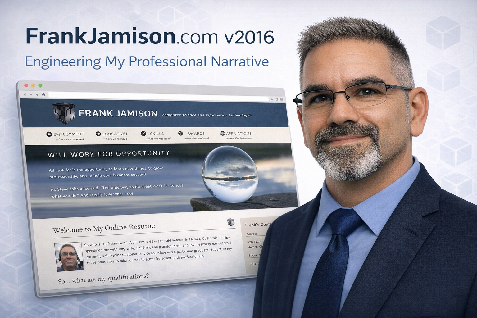 Professional composite image featuring Frank Jamison in a navy suit and tie on the right, alongside a browser window mockup displaying the FrankJamison.com v2016 resume website with its blue header, navigation menu, and hero image reading Will Work for Opportunity