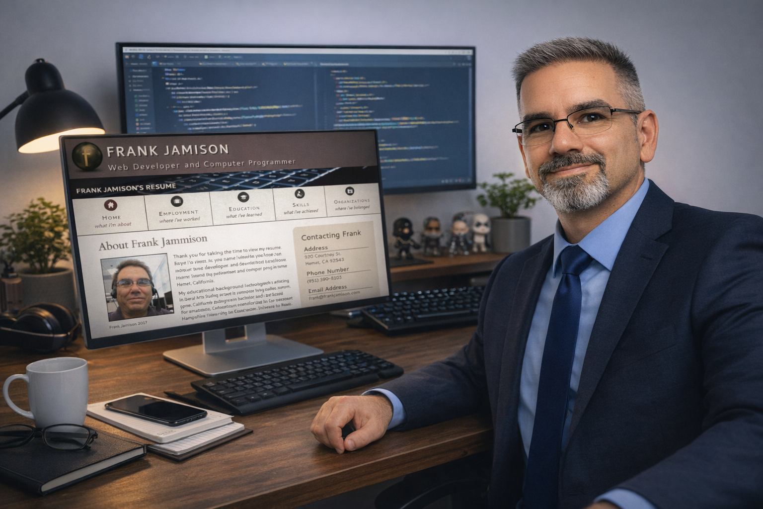 Professional photo of Frank Jamison in a navy suit seated at a desk, looking at the camera, with his resume website displayed on a computer monitor and code visible on a second screen in a modern home office setting.