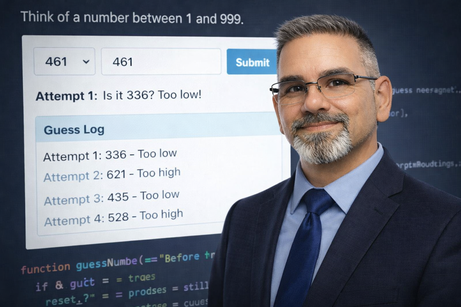 Professional headshot of Frank Jamison in a navy suit and tie, positioned on the right side of the image, with a blurred background displaying a JavaScript guessing game interface that shows numbered attempts and a guess log between 1 and 999.