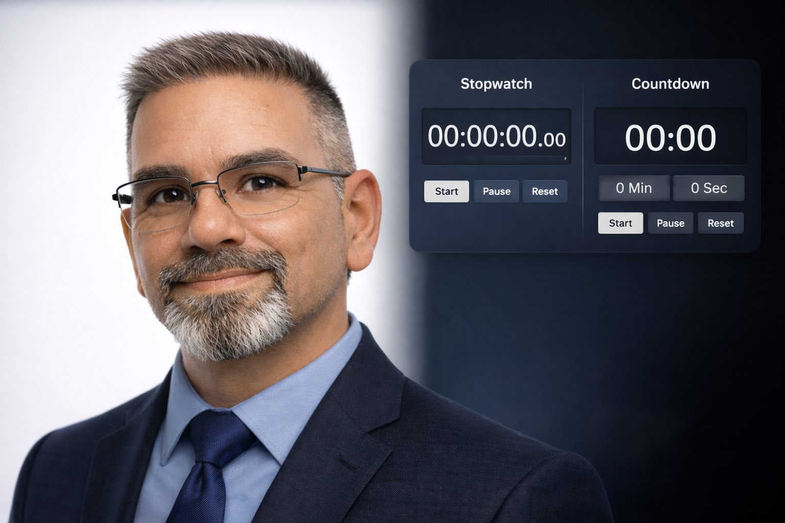 Professional headshot of Frank Jamison in a navy suit and tie on the left side of the image, paired with a sleek digital interface on the right displaying a stopwatch and countdown timer with start, pause, and reset controls against a dark gradient background.