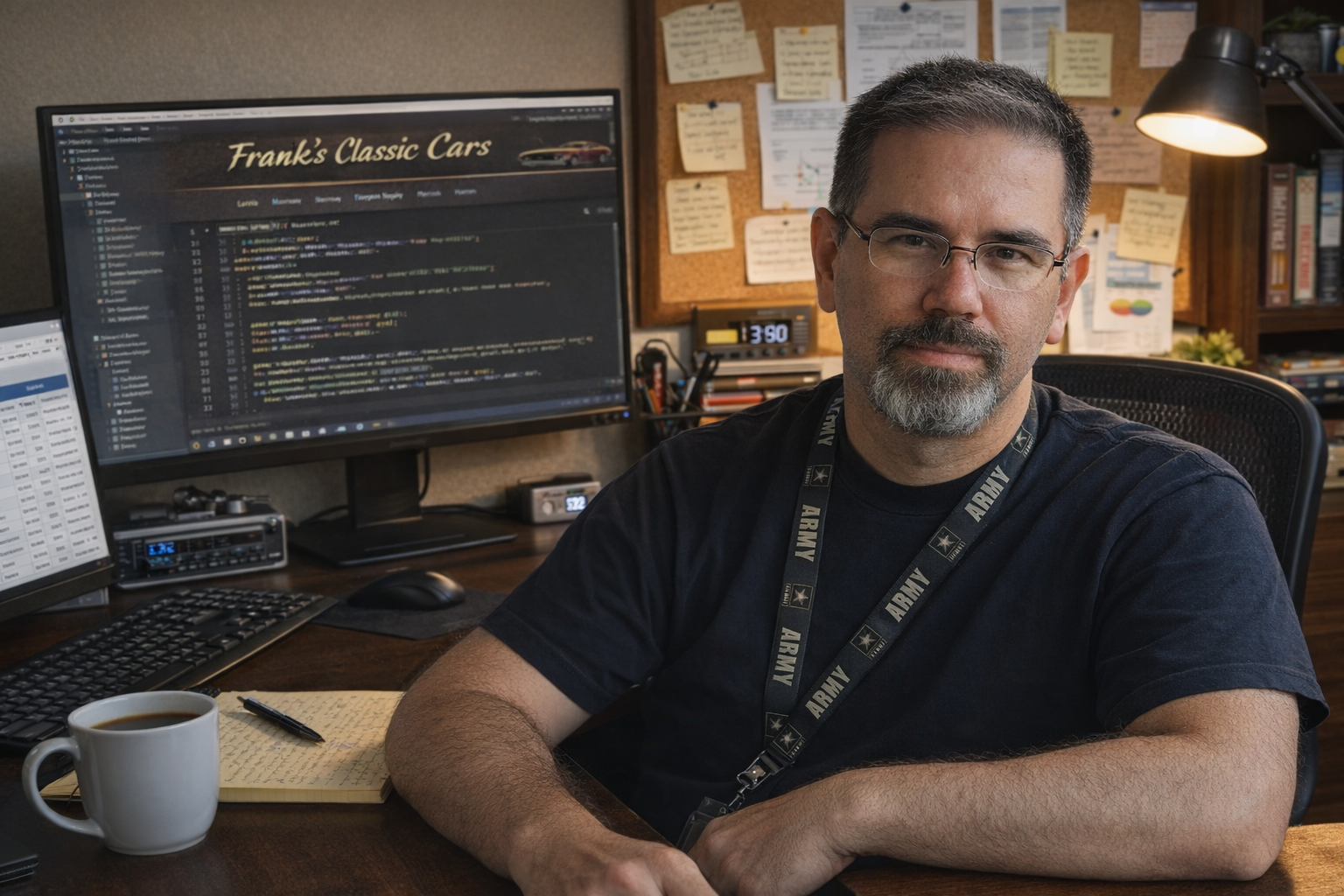 Frank Jamison seated at a desk in a home office workspace, facing the camera with a confident, professional expression. Behind him, dual monitors display the “Frank’s Classic Cars” web application, including visible PHP code and a car inventory interface. A corkboard with notes, desk lamp, coffee mug, and notepad complete the setting, highlighting a focused full stack development environment.