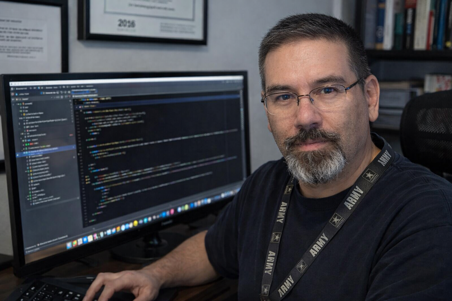 Professional portrait of Frank Jamison seated at a desk, facing the camera with a neutral expression, wearing glasses and a dark shirt with an Army lanyard, with a computer monitor beside him displaying code in a development environment and framed certificates and bookshelves in the background