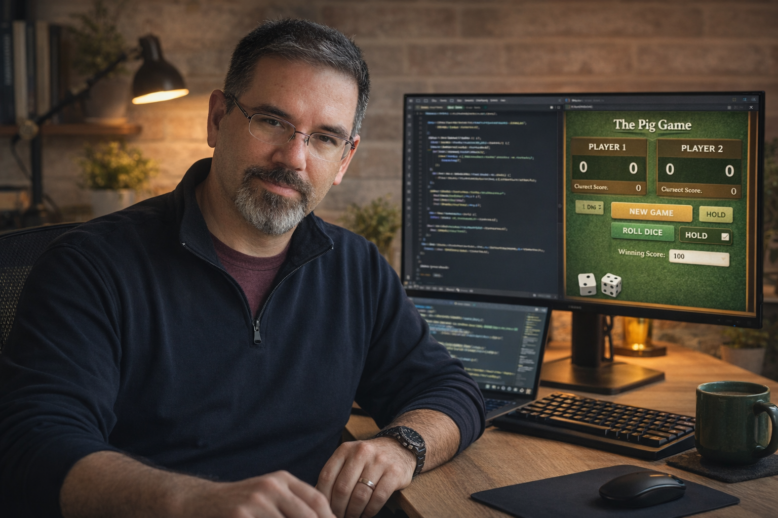 Frank Jamison seated at a wooden desk in a warmly lit office, facing forward with a composed expression. He wears glasses and a dark quarter zip pullover. A large monitor beside him displays The Pig Game interface with player scores and dice controls, while a laptop below shows JavaScript code. A keyboard, mouse, and green coffee mug sit neatly on the desk against a brick wall background with a desk lamp and plants.
