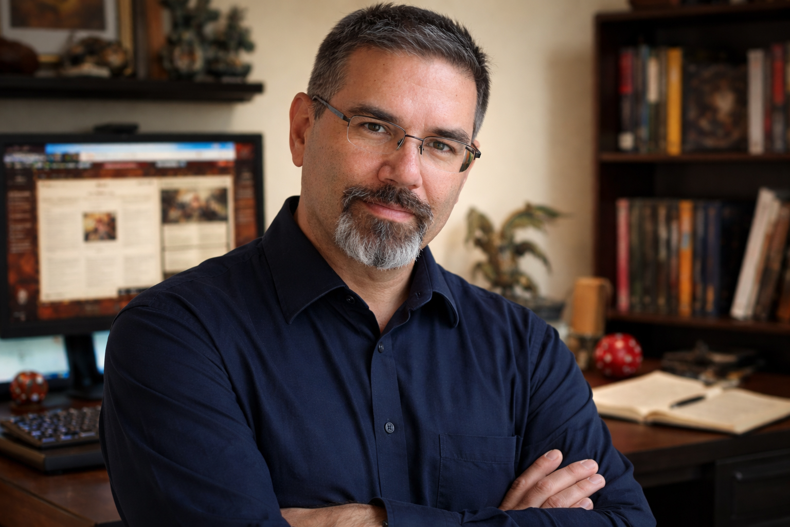 Professional headshot of Frank Jamison standing in a home office, facing the camera with a confident expression. He is wearing a navy button down shirt and glasses, with arms crossed. Behind him is a desk with a computer displaying a Dungeons and Dragons themed webpage, a bookshelf with books and gaming items, and warm ambient lighting that creates a polished, professional atmosphere.