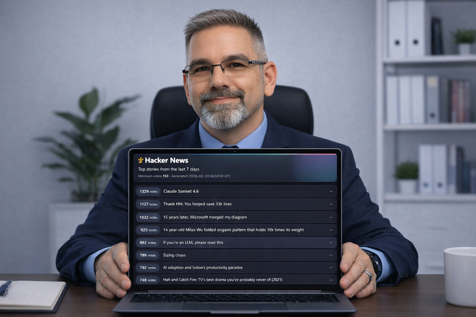 Professional portrait of Frank Jamison seated at a desk in a navy suit and tie, holding a laptop that faces the viewer and displays his dark themed Hacker News Aggregator showing top stories and vote counts, with a clean modern office background featuring shelves and a plant.