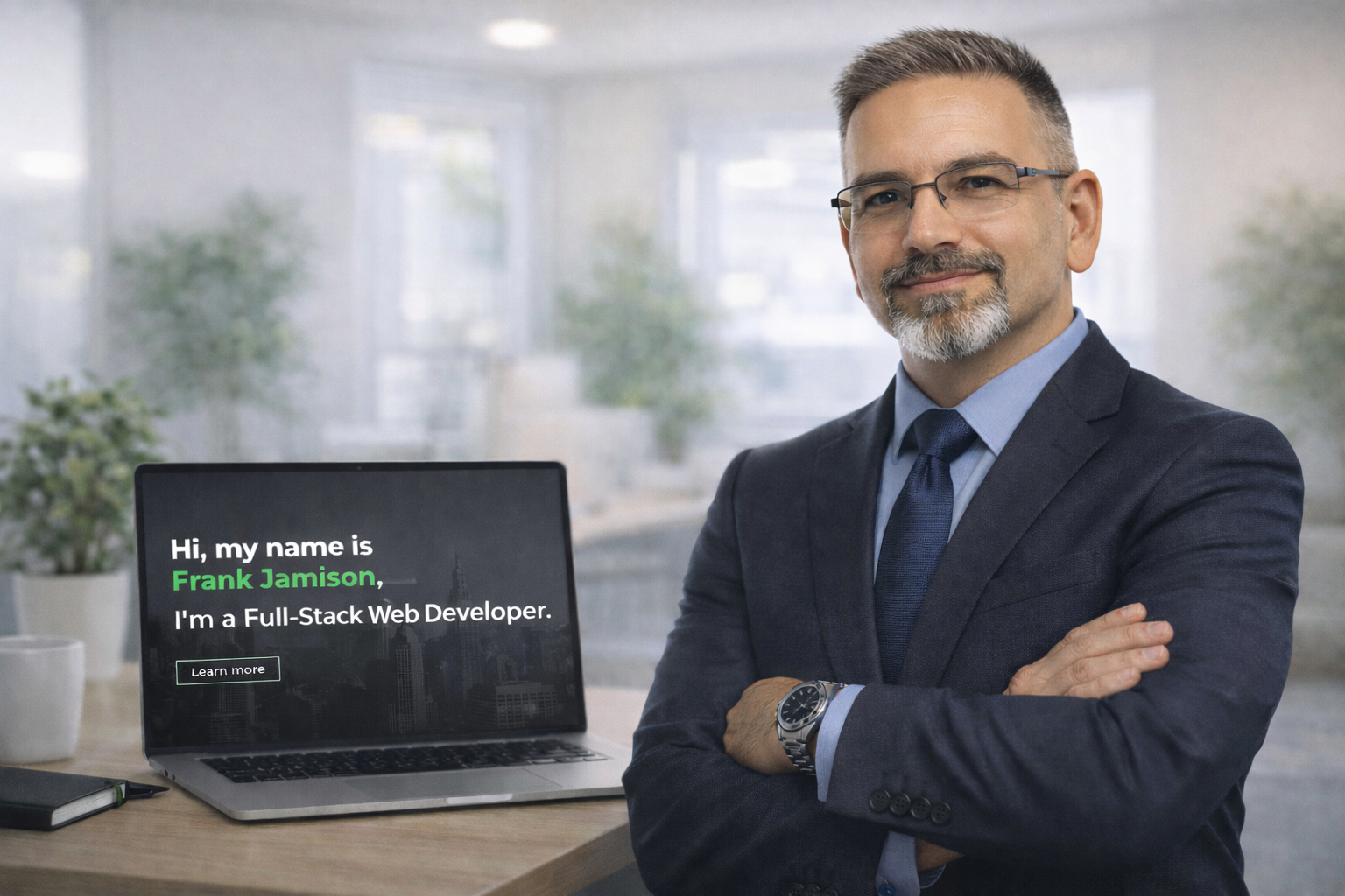 Professional photo of Frank Jamison standing in a modern office wearing a navy suit and blue tie, arms crossed and facing the camera with a slight smile. A laptop on the desk beside him displays his portfolio homepage with the headline “Hi, my name is Frank Jamison. I'm a Full-Stack Web Developer.” and a Learn more button over a dark cityscape background.