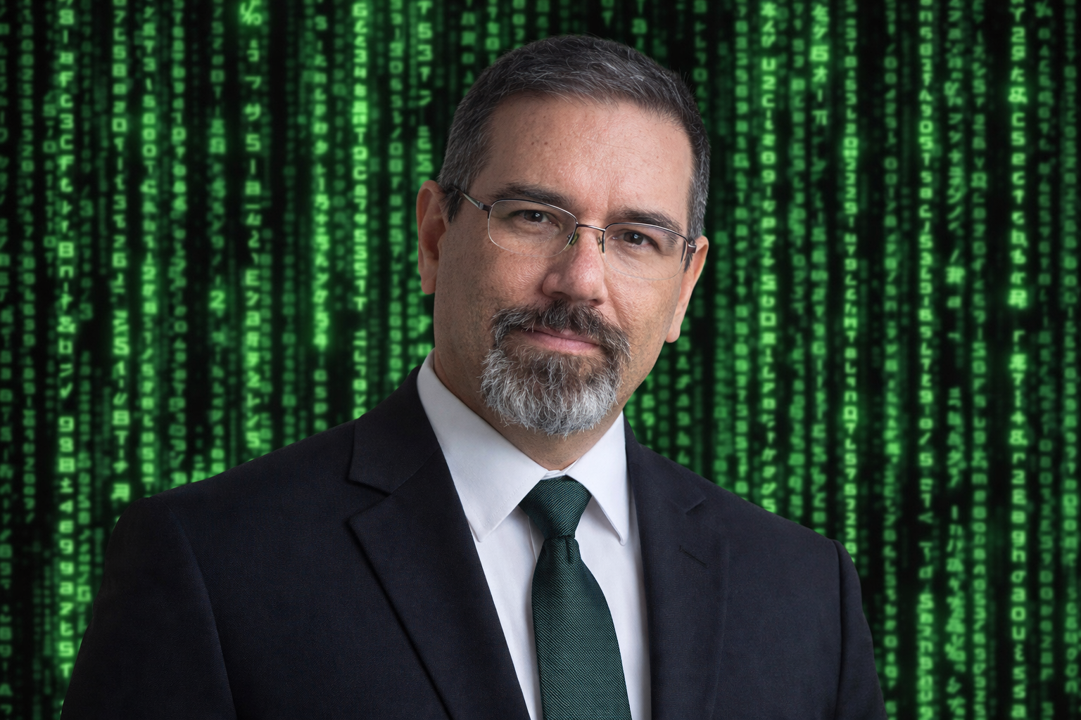 Frank Jamison standing upright in a black suit, white shirt, and green tie, facing the camera confidently against a backdrop of cascading green digital code resembling a digital rain effect.