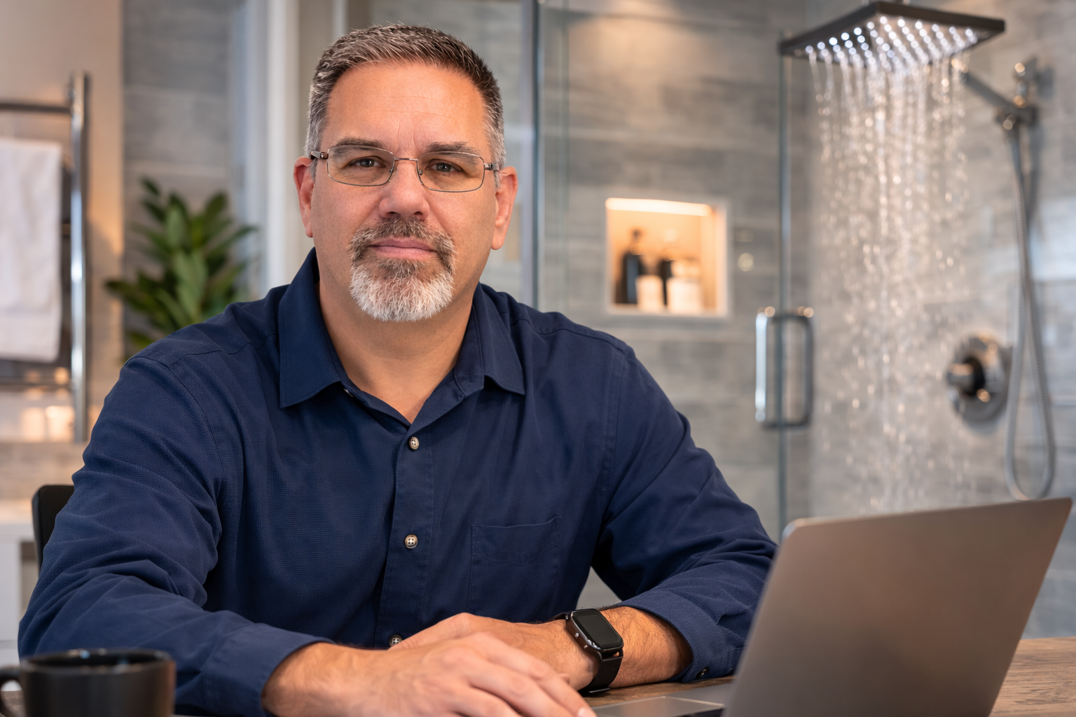 Professional portrait of Frank Jamison wearing glasses and a navy polo shirt, standing in front of a modern tiled shower with a rainfall showerhead and built-in niche shelf in a contemporary bathroom setting.