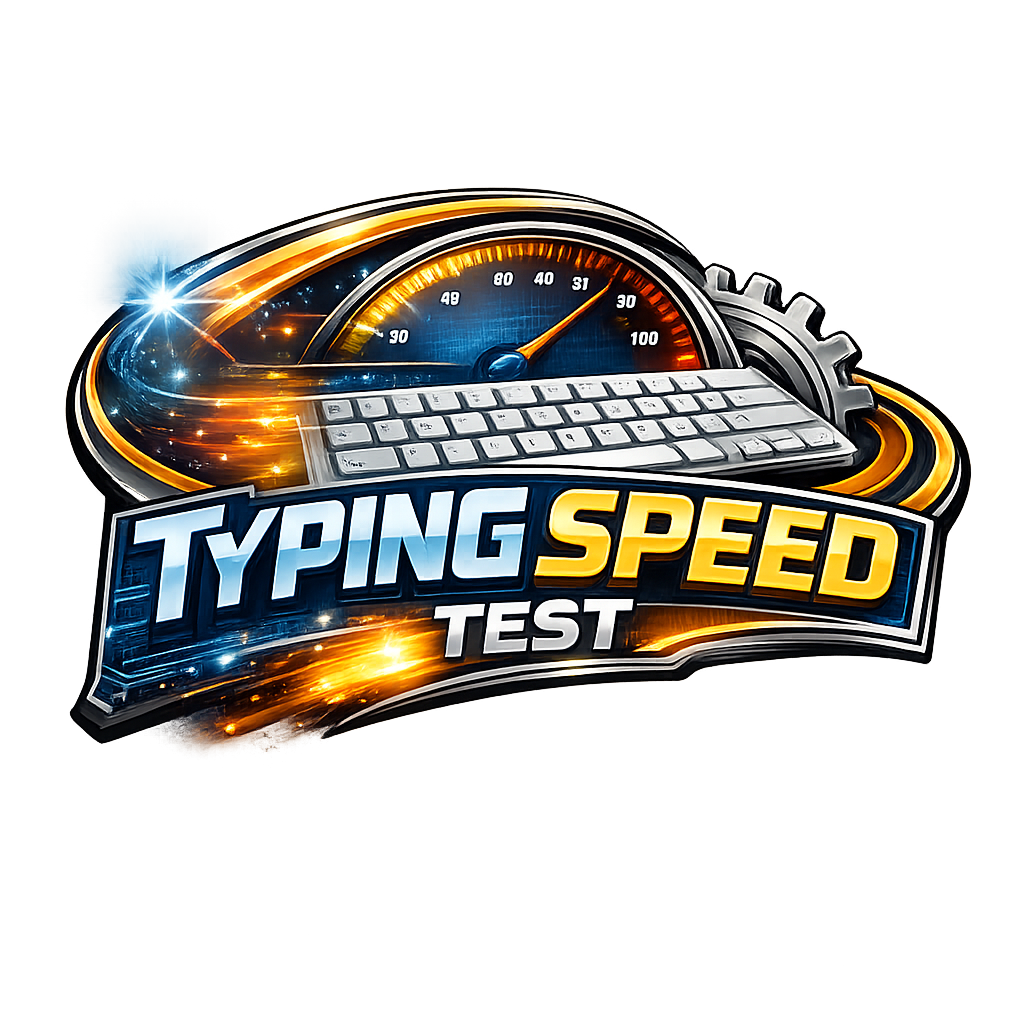 Stylized Typing Speed Test logo featuring a speedometer gauge with a sweeping needle, a keyboard integrated into the design, metallic and blue accents, and bold lettering that emphasizes performance, speed, and technical precision against a dark background.