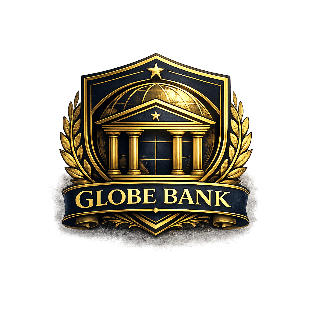 Globe Bank logo featuring a gold and navy shield with a classical bank building in front of a globe, flanked by laurel branches and a banner reading Globe Bank on a dark background.