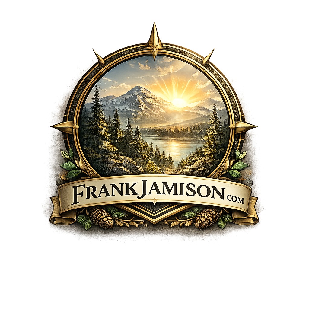 Decorative circular emblem logo featuring a mountain landscape at sunrise reflected over a lake, surrounded by a gold compass-style frame with pine branches and pinecones at the base. A ribbon banner across the bottom displays the text FrankJamison.com.
