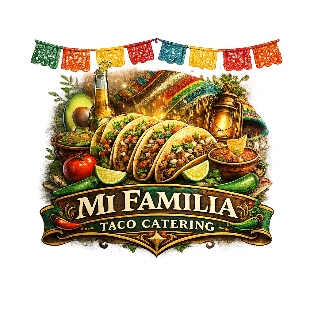 Illustrated logo for Mi Familia Taco Catering featuring three tacos filled with meat and vegetables, surrounded by avocado, lime slices, salsa, peppers, and a lantern, with colorful papel picado banners above and a decorative ribbon banner displaying the business name.