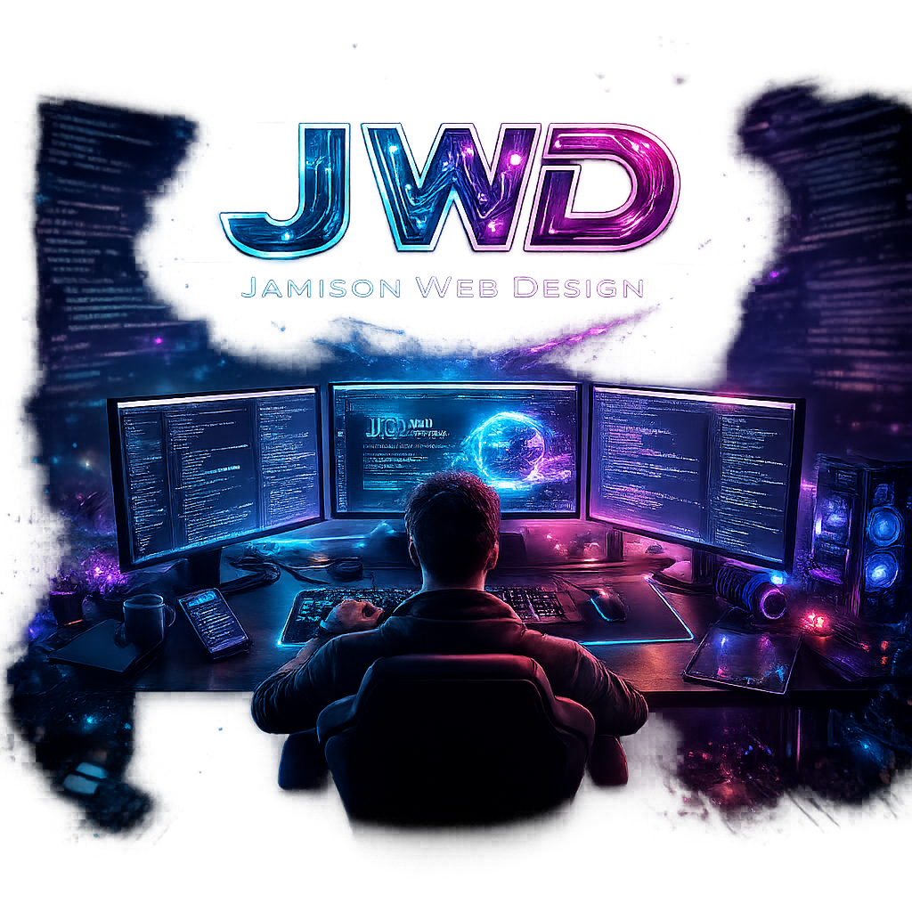 Futuristic digital illustration of a developer seated at a desk surrounded by three large monitors filled with code, illuminated in blue and magenta neon lighting, with a glowing JWD Jamison Web Design logo above and a stylized digital planet displayed on the center screen.