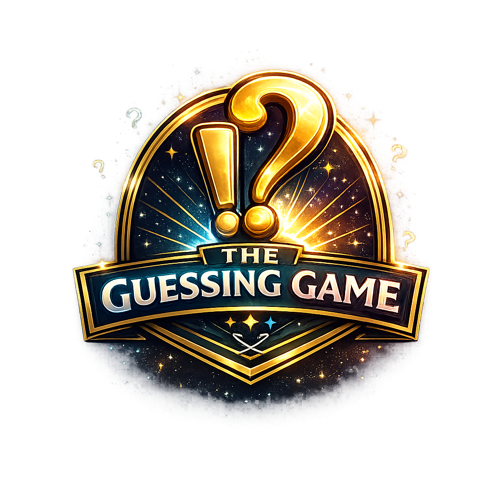 Stylized emblem logo for The Guessing Game featuring a large gold question mark and exclamation mark inside a circular badge with starburst lighting effects, a dark blue and gold color scheme, and a banner across the center reading The Guessing Game against a cosmic inspired background.