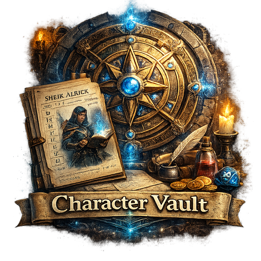 Illustrated fantasy themed logo for Character Vault featuring an ornate circular vault door with glowing blue gemstones and a compass rose design. In front of the vault sits an open character journal displaying a hooded adventurer reading a spellbook. Surrounding objects include a lit candle, quill and ink bottle, potion vial, gold coins, parchment, and a blue twenty sided die. A banner at the bottom reads Character Vault.