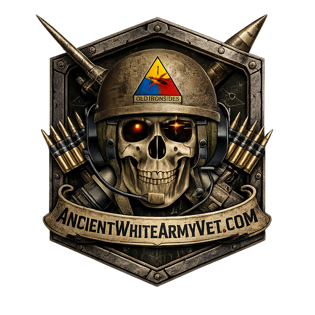 Stylized emblem featuring a metallic skull wearing a combat helmet with a triangular Old Ironsides insignia on the front. The skull has glowing red eyes and wears a military style headset with microphone. Crossed weapons and ammunition flank the skull inside a shield shaped frame. A banner across the bottom reads AncientWhiteArmyVet.com..com