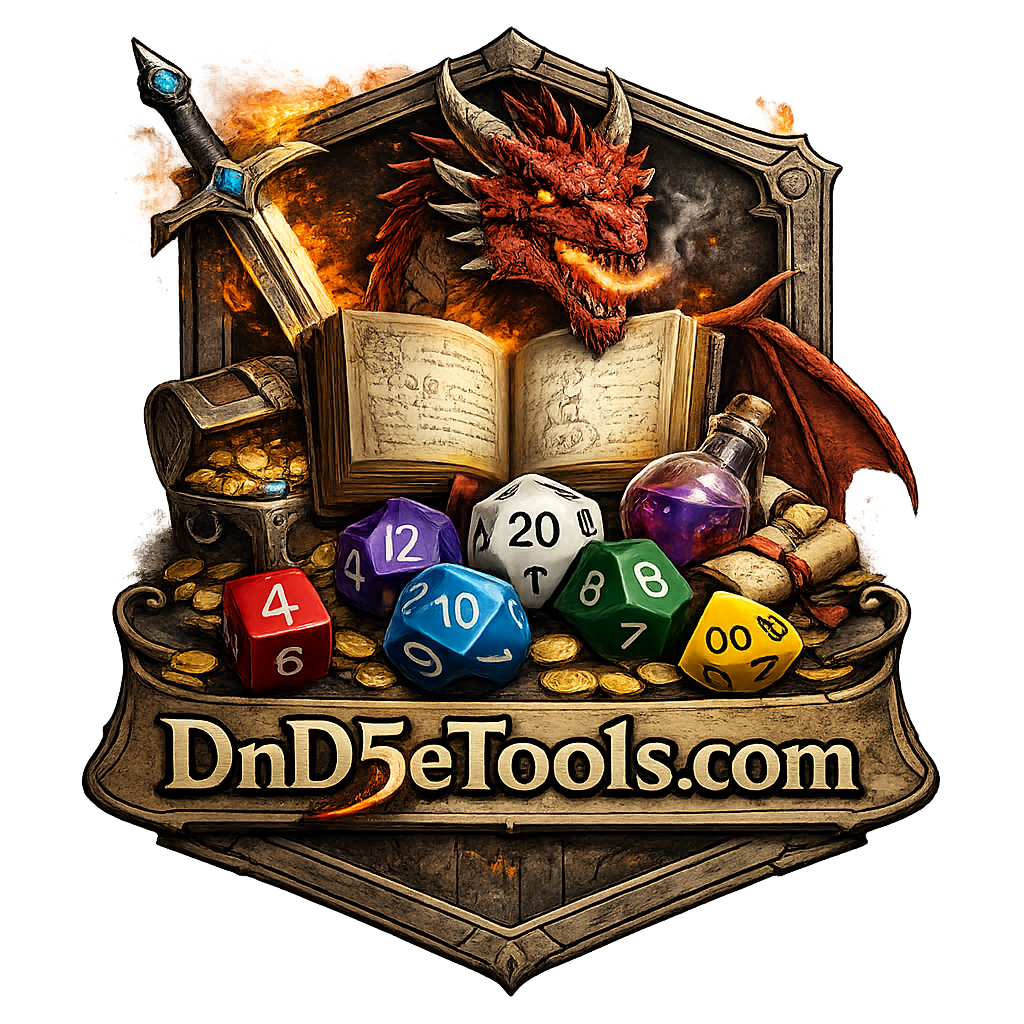 Fantasy themed logo for DnD5eTools.com featuring a red dragon breathing fire behind an open spellbook, surrounded by a sword, treasure chest, potion bottle, scroll, and a set of colorful polyhedral dice including a twenty sided die. The scene is framed in a shield shaped crest with flames in the background and the text DnD5eTools.com displayed prominently at the bottom.