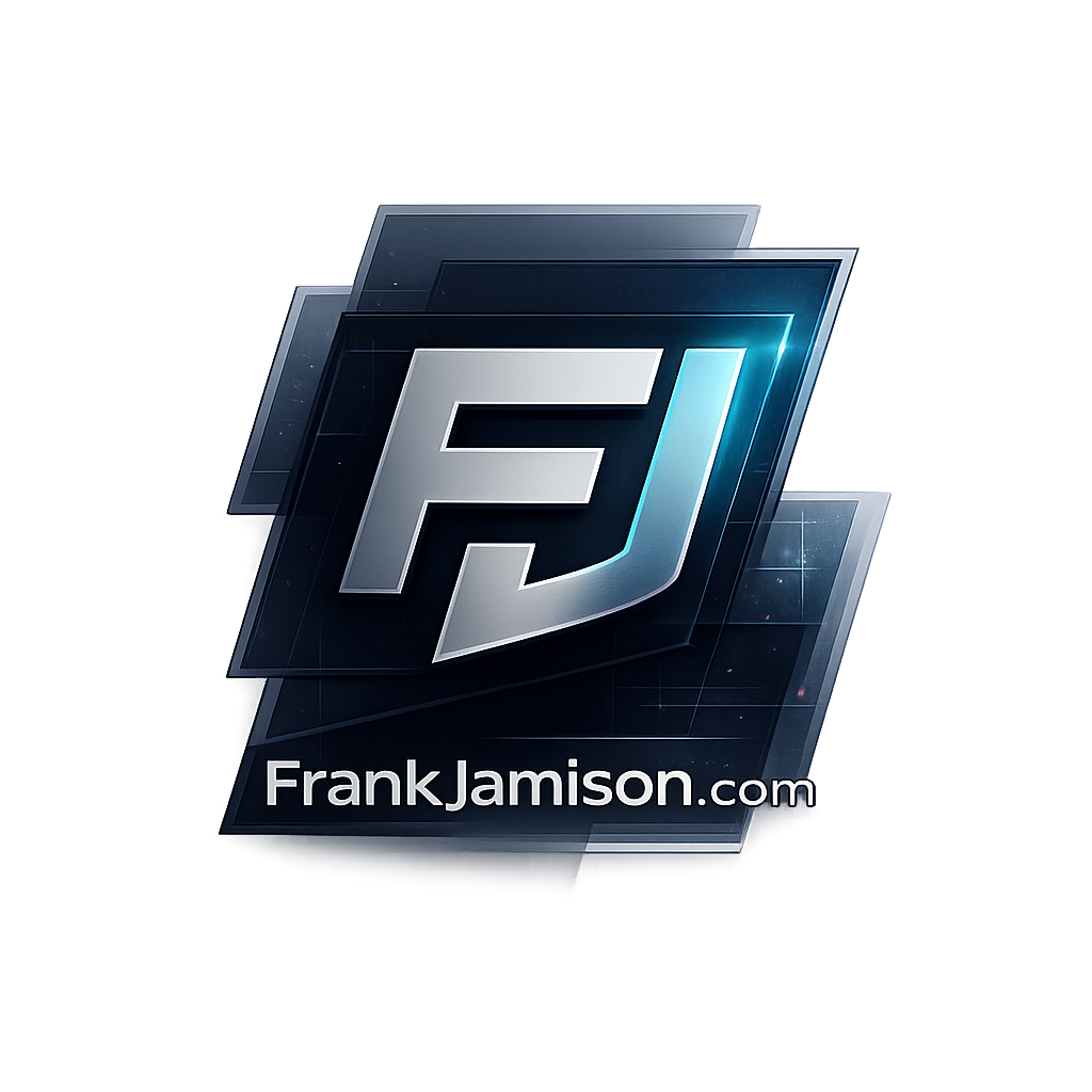 Stylized metallic FJ monogram logo layered over dark blue geometric panels with subtle glow effects, with the text FrankJamison.com displayed beneath the emblem.