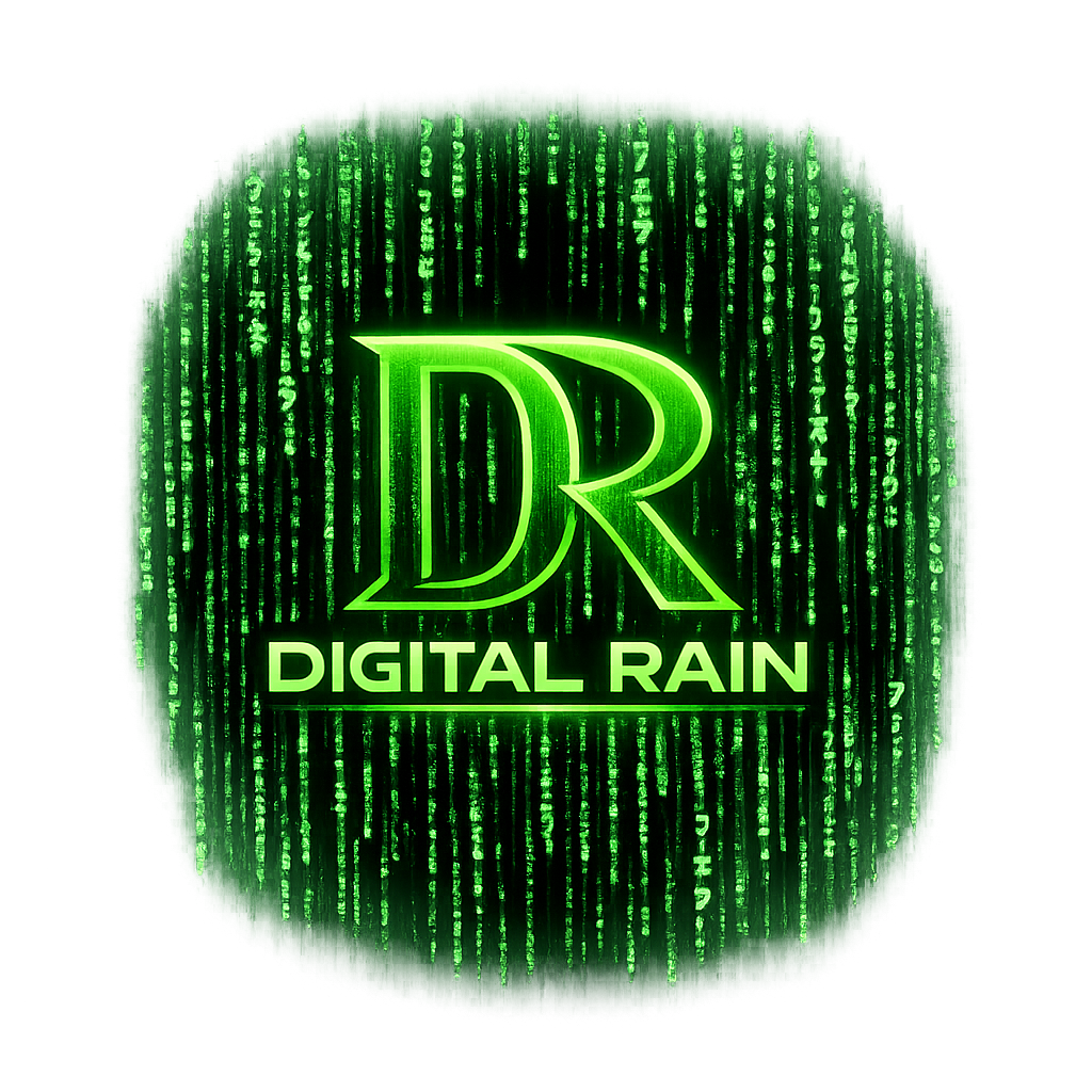 Glowing green DR monogram centered over cascading vertical code with the words Digital Rain beneath it, set against a dark background with a luminous matrix style effect.