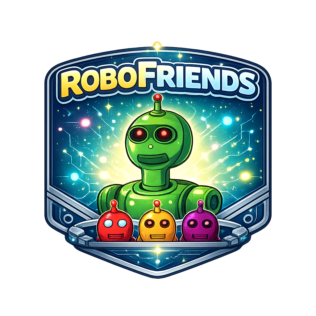 Square, modern RoboFriends emblem featuring a large green robot with glowing red eyes at the center, surrounded by three smaller red, orange, and purple robots below. The design includes bold “ROBOFRIENDS” lettering at the top, glowing circuit-like lines, and vibrant neon accents in blue, yellow, and pink, all styled as a colorful tech-inspired badge on a transparent background.